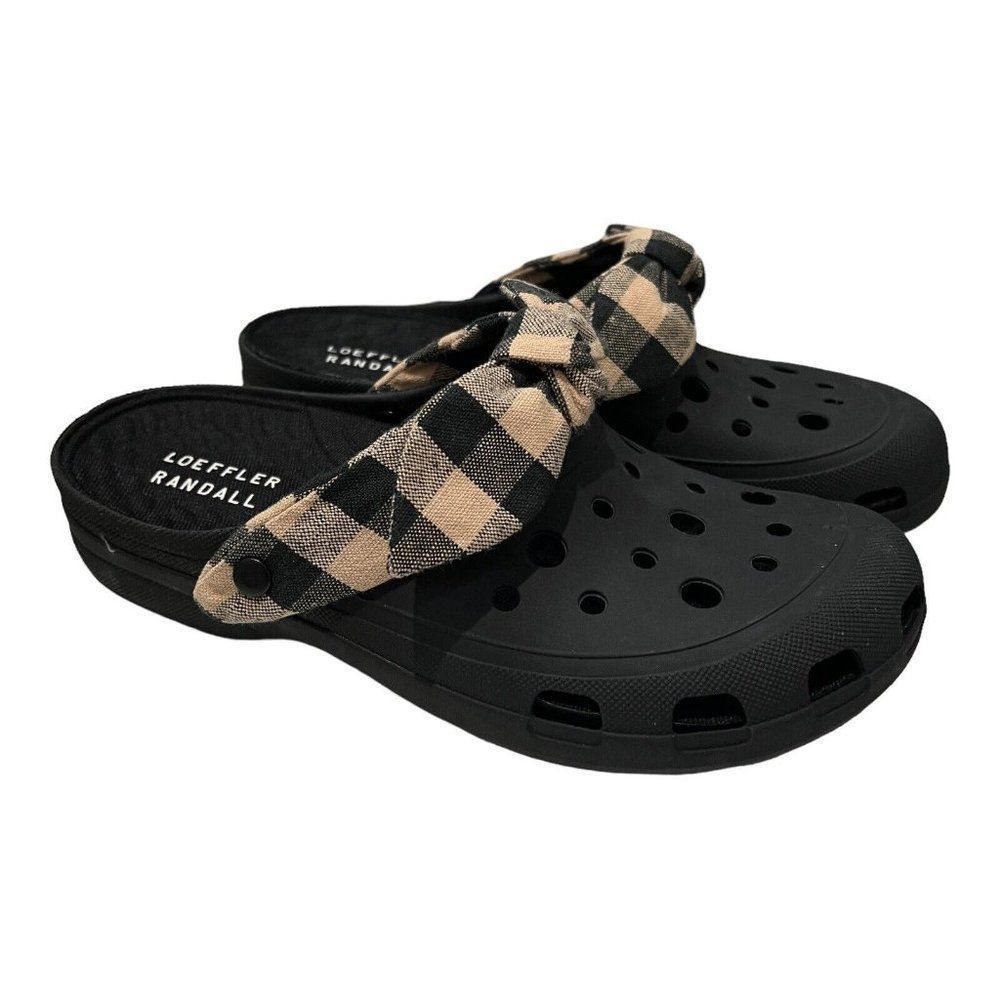 Loeffler Randall Ezra Rubber Sport Slides Clogs Gingham Bow Black - Picture 1 of 10